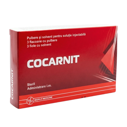 Red box of Cocarnit medical product with white text on a white background