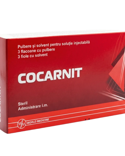 Red box of Cocarnit medical product with white text on a white background