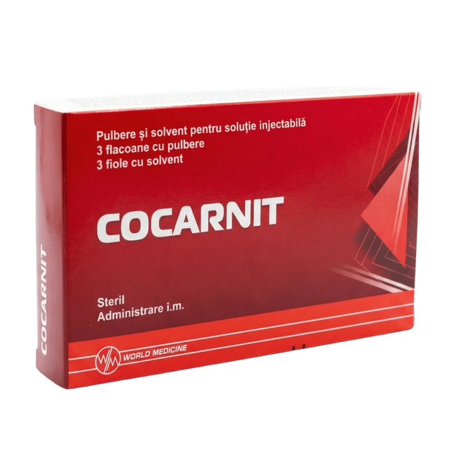 Red box of Cocarnit medical product with white text on a white background