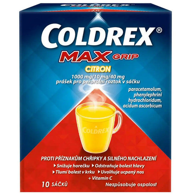 Coldrex Max Grip Citron packaging with a cup of yellow liquid on a blue and red background