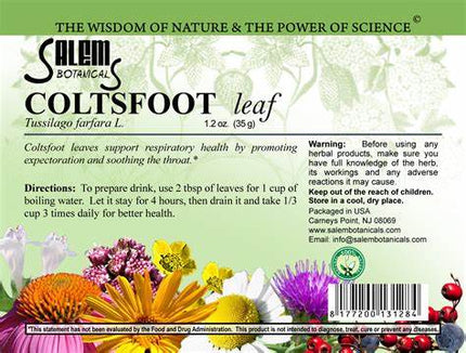 Salem Botanicals Coltsfoot leaf product label with floral design and text.