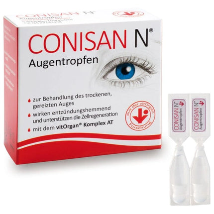 Conisan N eye drop packaging with a close-up of an eye on a white background