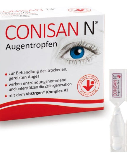 Conisan N eye drop packaging with a close-up of an eye on a white background