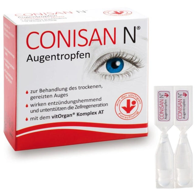 Conisan N eye drop packaging with a close-up of an eye on a white background