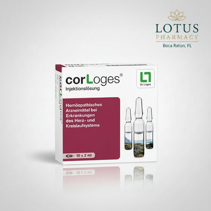 cor-Loges® Injektionslösung is a German homeopathic medicinal product for injection manufactured by Dr. Loges + Co. GmbH.

The formula combines four homeopathic ingredients traditionally associated with the cardiovascular system:&nbsp;Crataegus D4, Convallaria majalis D4, Scilla D4, and Lachesis D10. Each ampoule contains 2 mL, and this package contains 10 ampoules, for a total volume of 20 mL (0.02 L).