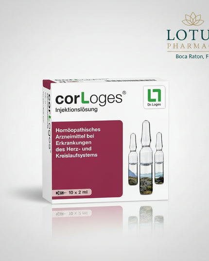 cor-Loges® Injektionslösung is a German homeopathic medicinal product for injection manufactured by Dr. Loges + Co. GmbH.

The formula combines four homeopathic ingredients traditionally associated with the cardiovascular system:&nbsp;Crataegus D4, Convallaria majalis D4, Scilla D4, and Lachesis D10. Each ampoule contains 2 mL, and this package contains 10 ampoules, for a total volume of 20 mL (0.02 L).
