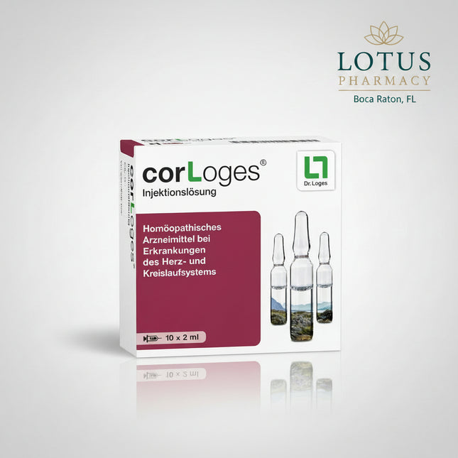 cor-Loges® Injektionslösung is a German homeopathic medicinal product for injection manufactured by Dr. Loges + Co. GmbH.

The formula combines four homeopathic ingredients traditionally associated with the cardiovascular system:&nbsp;Crataegus D4, Convallaria majalis D4, Scilla D4, and Lachesis D10. Each ampoule contains 2 mL, and this package contains 10 ampoules, for a total volume of 20 mL (0.02 L).