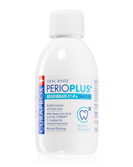 Curaprox Perio Plus oral rinse bottle on a white background
