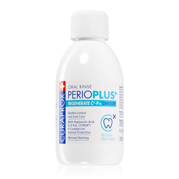 Curaprox Perio Plus oral rinse bottle on a white background