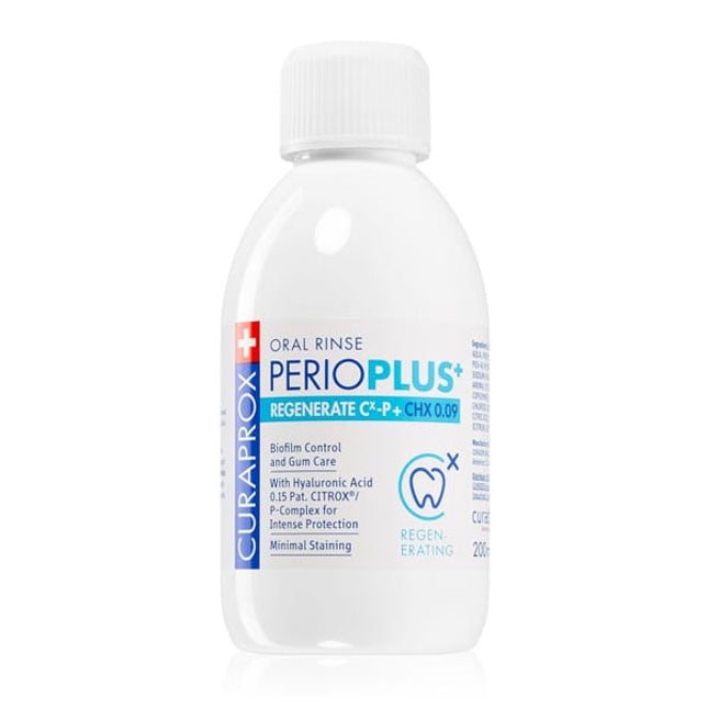 Curaprox Perio Plus oral rinse bottle on a white background
