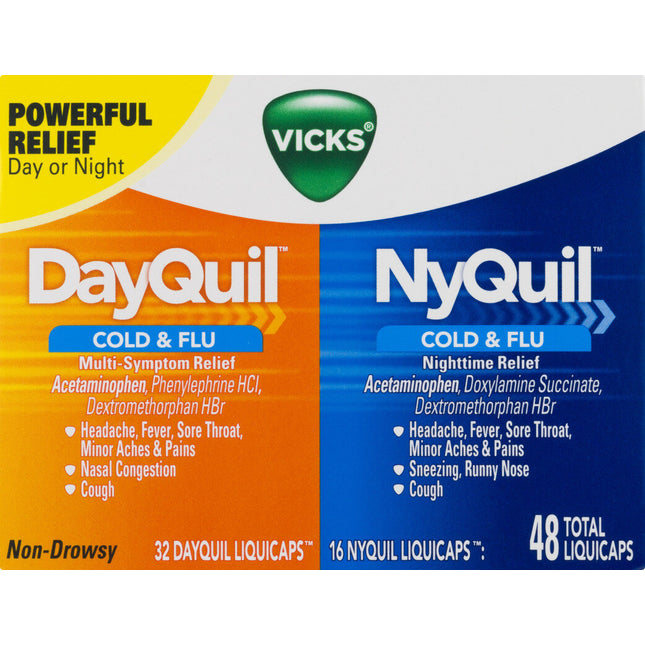 dayquil, nyquil, vicks dayquil, vicks nyquil, cold and flu relief, cough suppressant, fever reducer, nasal congestion relief, daytime cold medicine, nighttime cold medicine, викс, дейквил, найквил, средство от простуды, средство от гриппа, жаропонижающее, от кашля, от заложенности носа, дневное лекарство от простуды, ночное лекарство от простуды, dayquil, nyquil, medicamento para resfriado, alivio de gripe, reductor de fiebre, supresor de tos, alivio de congestión nasal, medicina diurna, medicina nocturna, 