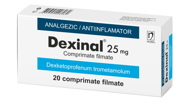 Box of Dexinal 25 mg with medical text on a white background