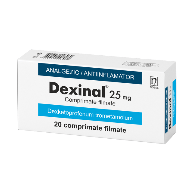 Box of Dexinal 25 mg with medical text on a white background