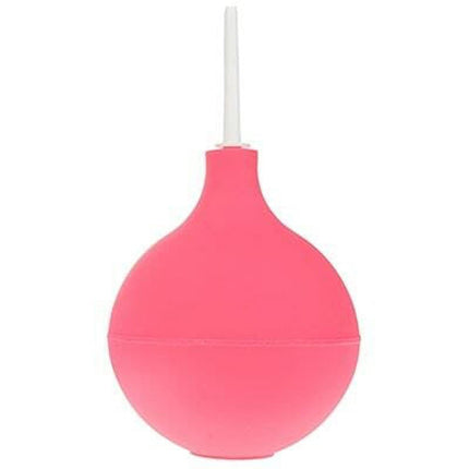 Pink enema bag with a white handle on a white background