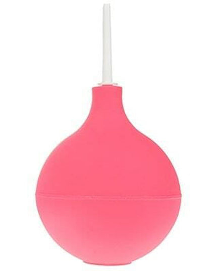 Pink enema bag with a white handle on a white background