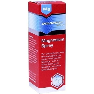 Red and white box of Magnesium spray with text on a light gray background