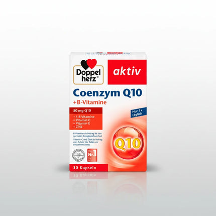 Doppelherz® Coenzyme Q10 is a daily dietary supplement combining Coenzyme Q10 (CoQ10) with hawthorn fruit extract, three B vitamins, vitamin C, and zinc in a convenient once-daily formula.