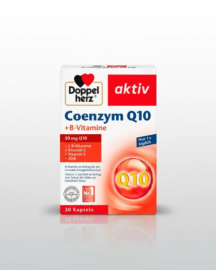 Doppelherz® Coenzyme Q10 is a daily dietary supplement combining Coenzyme Q10 (CoQ10) with hawthorn fruit extract, three B vitamins, vitamin C, and zinc in a convenient once-daily formula.