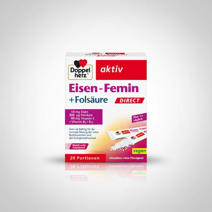 Doppelherz® Iron – Femin DIRECT is a convenient dietary supplement specially formulated to support iron intake, energy metabolism, blood formation, and the reduction of tiredness and fatigue.
