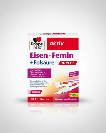 Doppelherz® Iron – Femin DIRECT is a convenient dietary supplement specially formulated to support iron intake, energy metabolism, blood formation, and the reduction of tiredness and fatigue.
