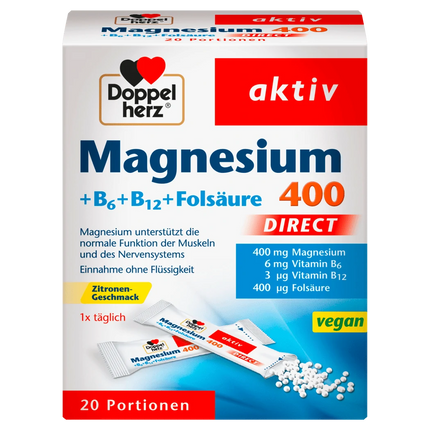 Doppelherz Magnésium 400 + B6 + B12 + Acide Folique Direct, 20 Sachets