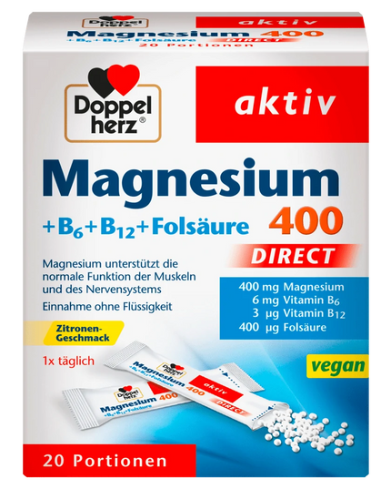 Doppelherz Magnésium 400 + B6 + B12 + Acide Folique Direct, 20 Sachets