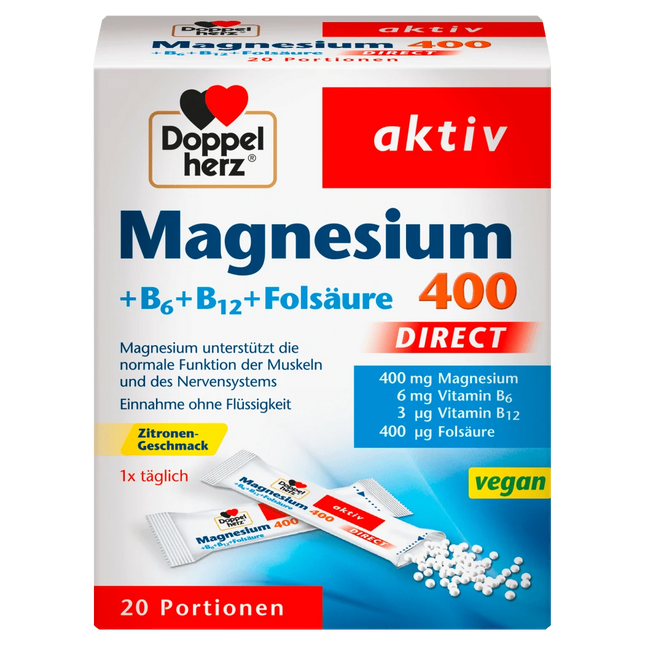 Doppelherz Magnésium 400 + B6 + B12 + Acide Folique Direct, 20 Sachets