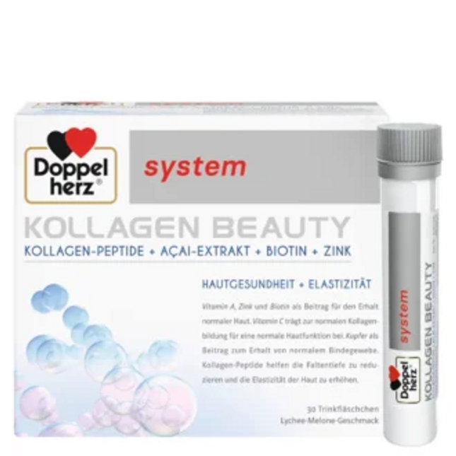 Doppelherz Collagen Beauty supplement packaging with a tube on a white background