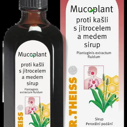 Mucoplant syrup bottle and packaging with Dr. Theiss branding on a white background