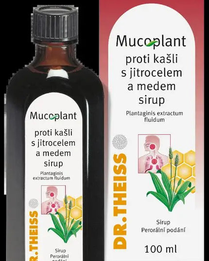 Mucoplant syrup bottle and packaging with Dr. Theiss branding on a white background