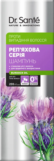 Dr. Sante shampoo packaging with purple flowers and text on a white background