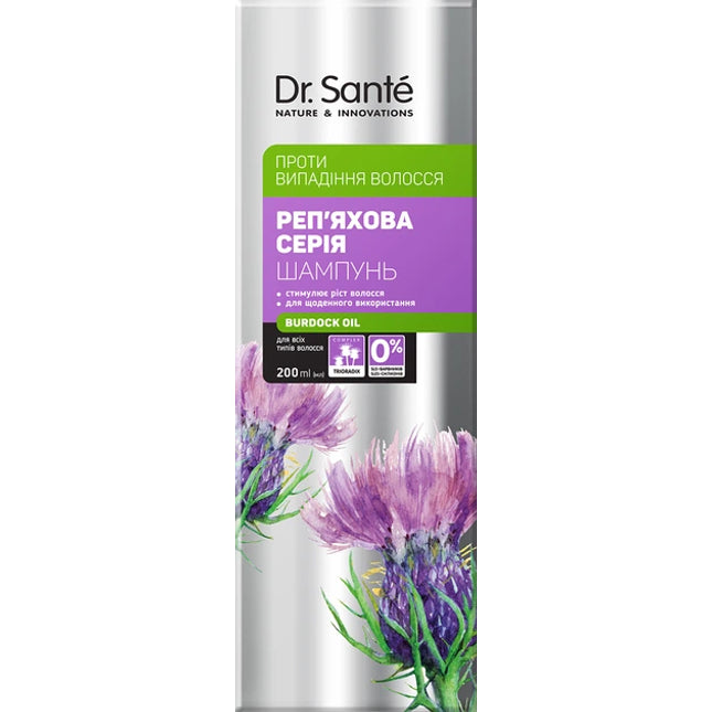 Dr. Sante shampoo packaging with purple flowers and text on a white background