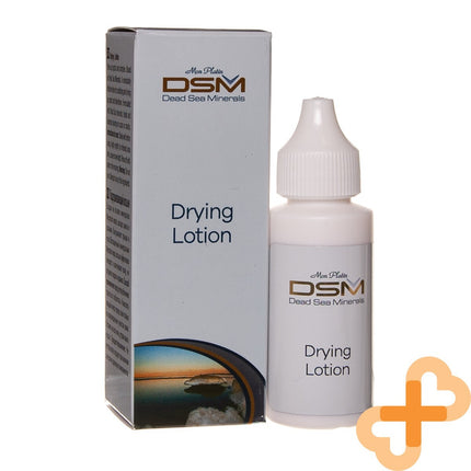 Drying lotion bottle and packaging with DSM Dead Sea Minerals branding on a white background.