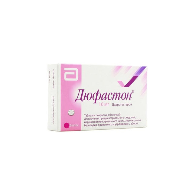 Box of Dufaston tablets with pink and white design on a white background