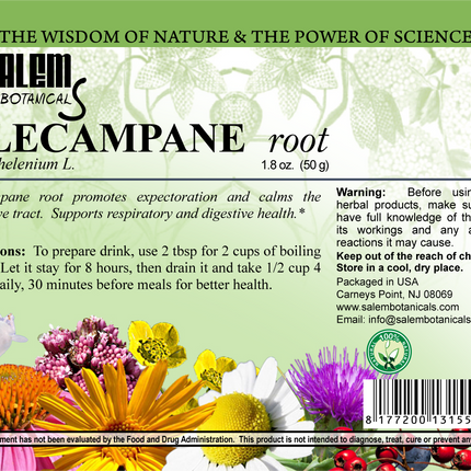 Salem Botanical Elecampane root label with floral design and text.