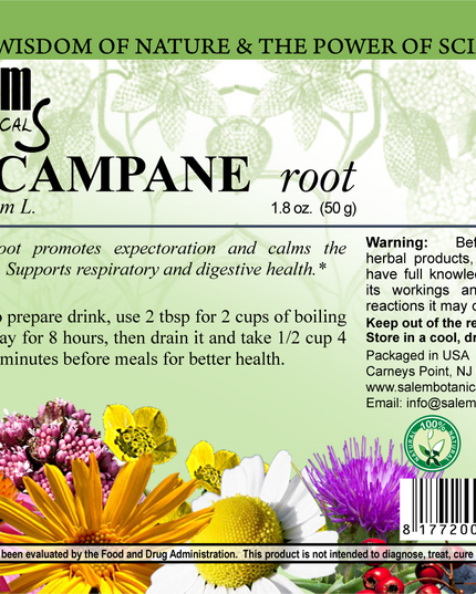 Salem Botanical Elecampane root label with floral design and text.