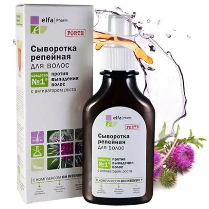 Elfapharm Forte hair serum bottle with packaging and thistle flowers on a white background
