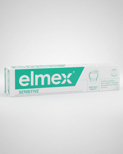 elmex sensitive, elmex sensitive toothpaste, elmex toothpaste, elmex sensitive 75 ml, toothpaste for sensitive teeth, sensitive teeth toothpaste, tooth sensitivity, sensitivity protection, exposed tooth necks, exposed dentin, sensitive tooth necks, amine fluoride, olaflur, fluoride toothpaste, cavity protection, enamel protection, enamel strengthening, dental care, oral care, european toothpaste, german toothpaste, pasta dental elmex, elmex sensitive, pasta para dientes sensibles, dientes sensibles, sensibi