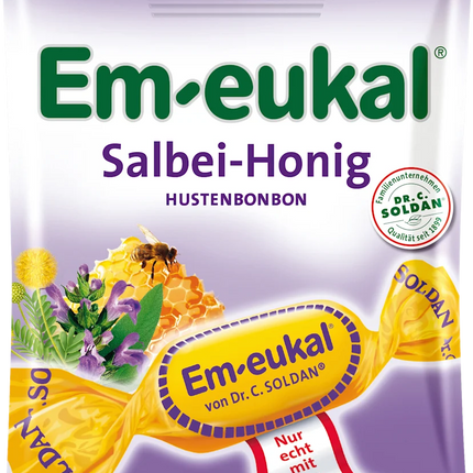 Em-eukal Salbei-Honig cough drops packaging with honeycomb and herbs on a purple background
