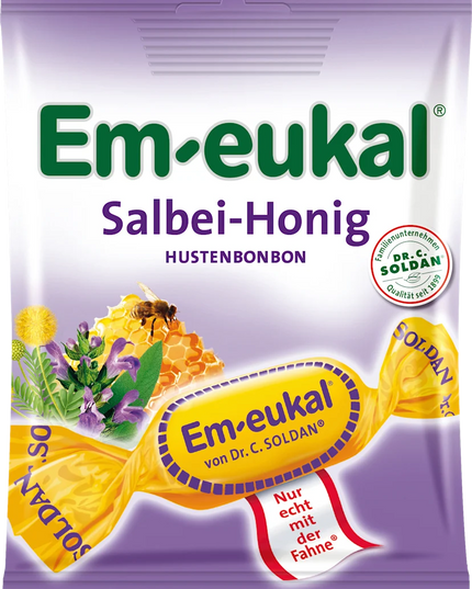 Em-eukal Salbei-Honig cough drops packaging with honeycomb and herbs on a purple background