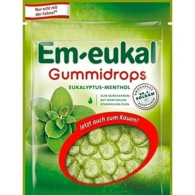 Green packaging of Em-eukal Gummidrops with eucalyptus leaves and text.