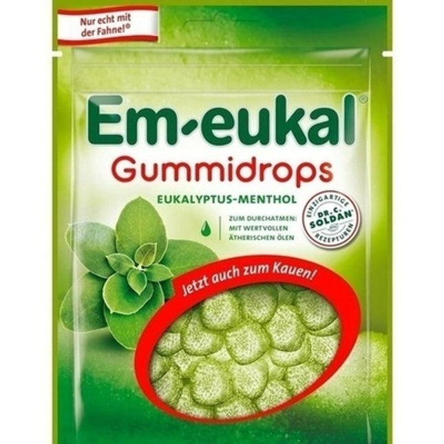 Green packaging of Em-eukal Gummidrops with eucalyptus leaves and text.