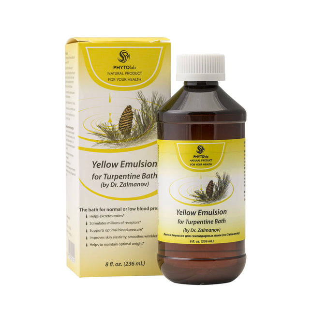 Yellow Emulsion bottle and packaging for Turpentine Bath by PhytoLab on a white background