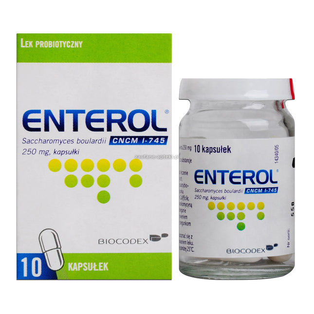 Enterol supplement packaging with capsules on a white background