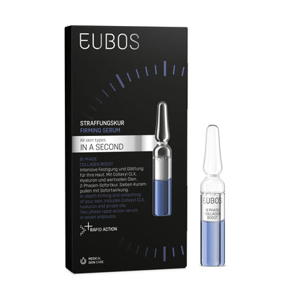 Eubos firming serum packaging with ampoule on a white background