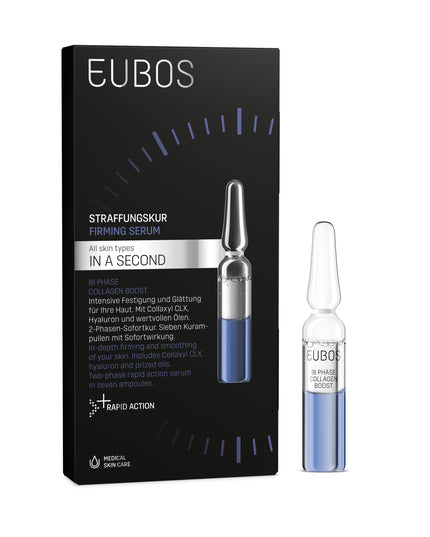 Eubos firming serum packaging with ampoule on a white background