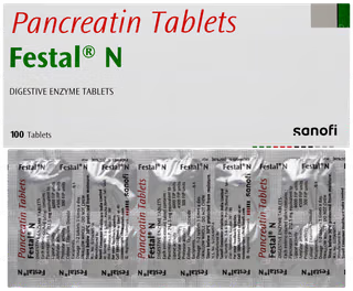 Packaging of Pancreatin Tablets Festal N with Sanofi branding.