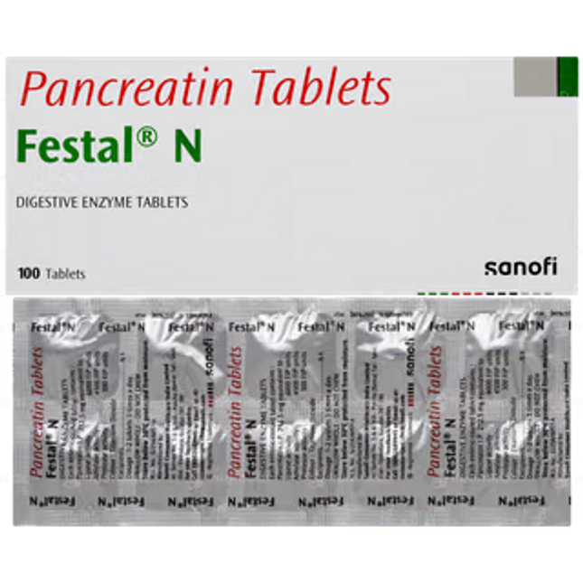 Packaging of Pancreatin Tablets Festal N with Sanofi branding.