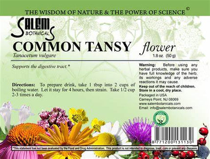 Label for Salem Botanicals Common Tansy flower with floral illustrations and text.
