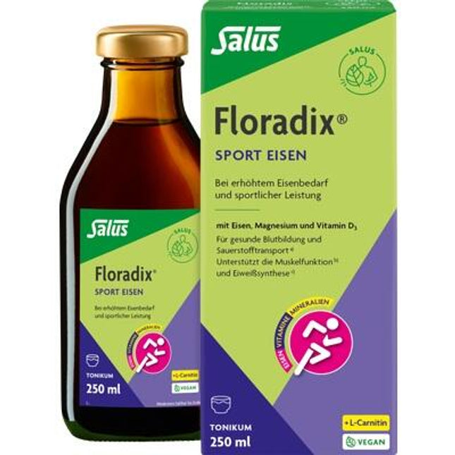 Salus Floradix Sport Eisen bottle and packaging on a white background